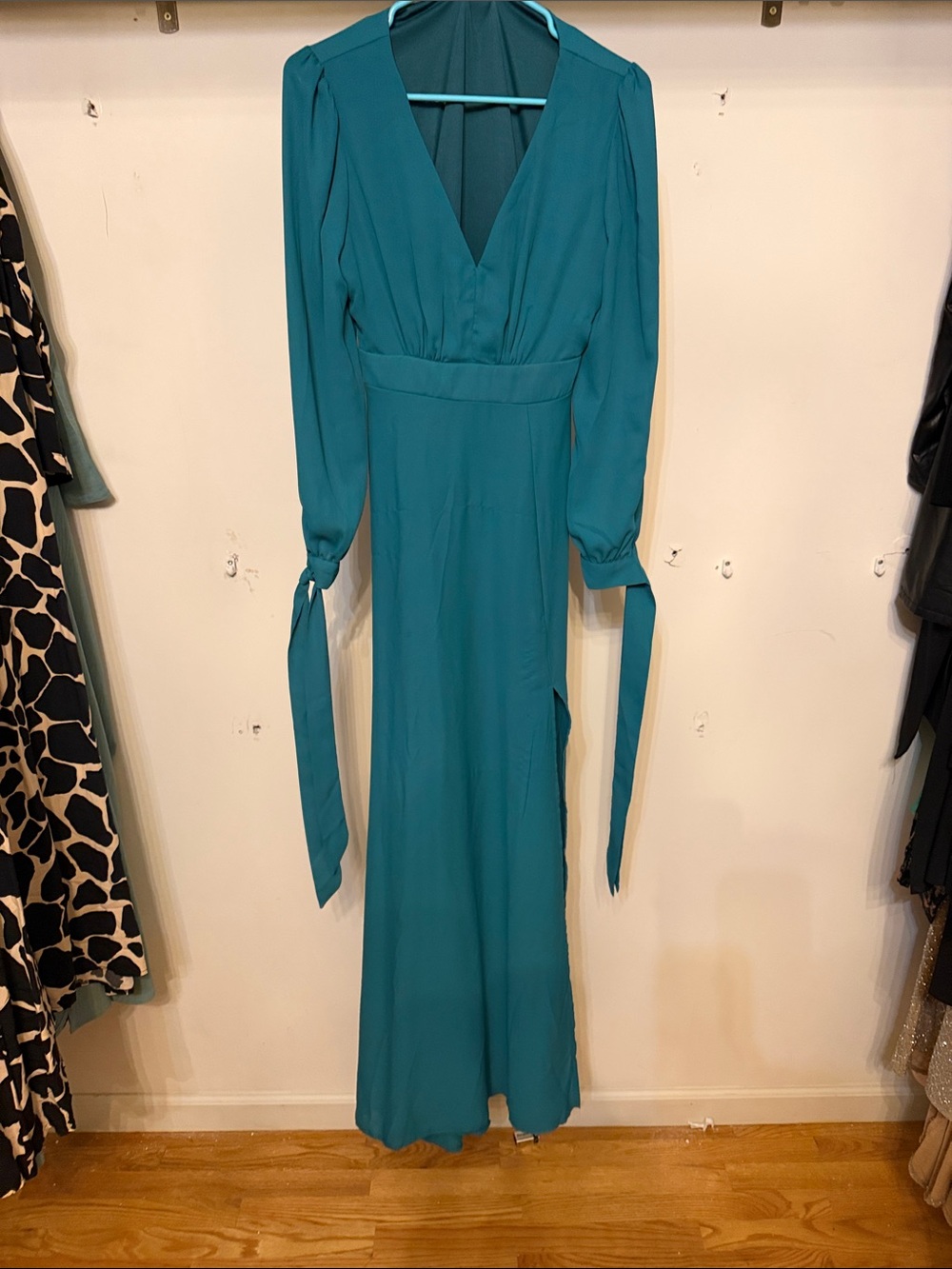 SHEIN Teal Long Sleeve V-Neck Maxi Dress